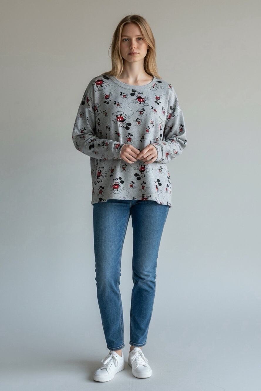 Disney Mickey Mouse Print Top Women's XL Gray Good Long Sleeve Disneycore